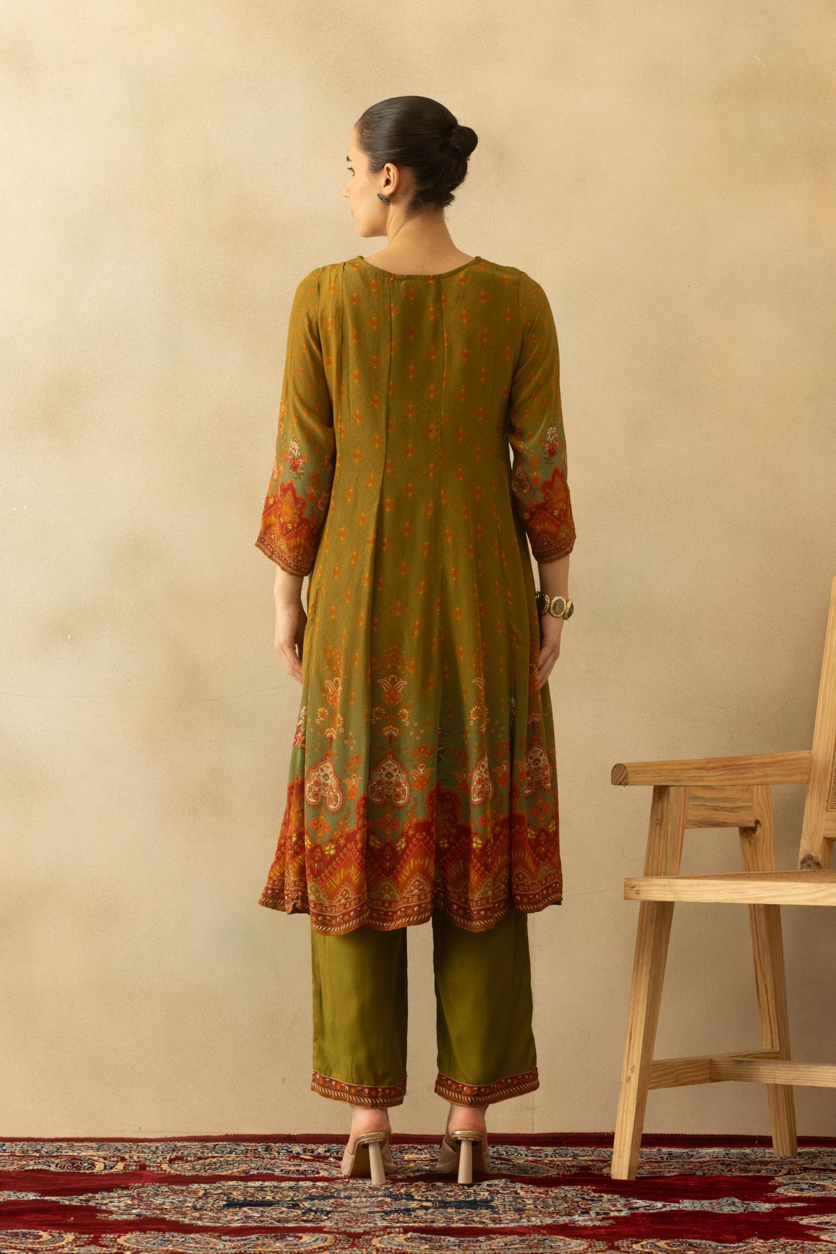 Green Flared Printed Kurta 3 Pcs Set