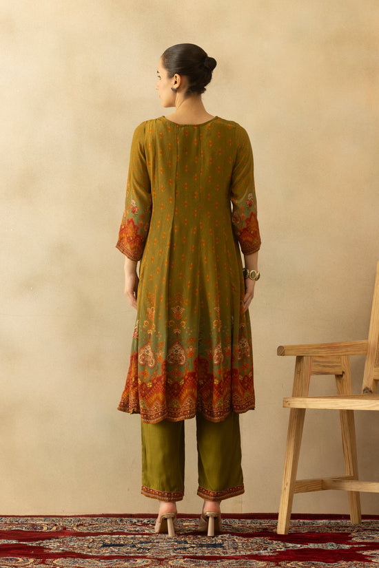 Green Flared Printed Kurta 3 Pcs Set