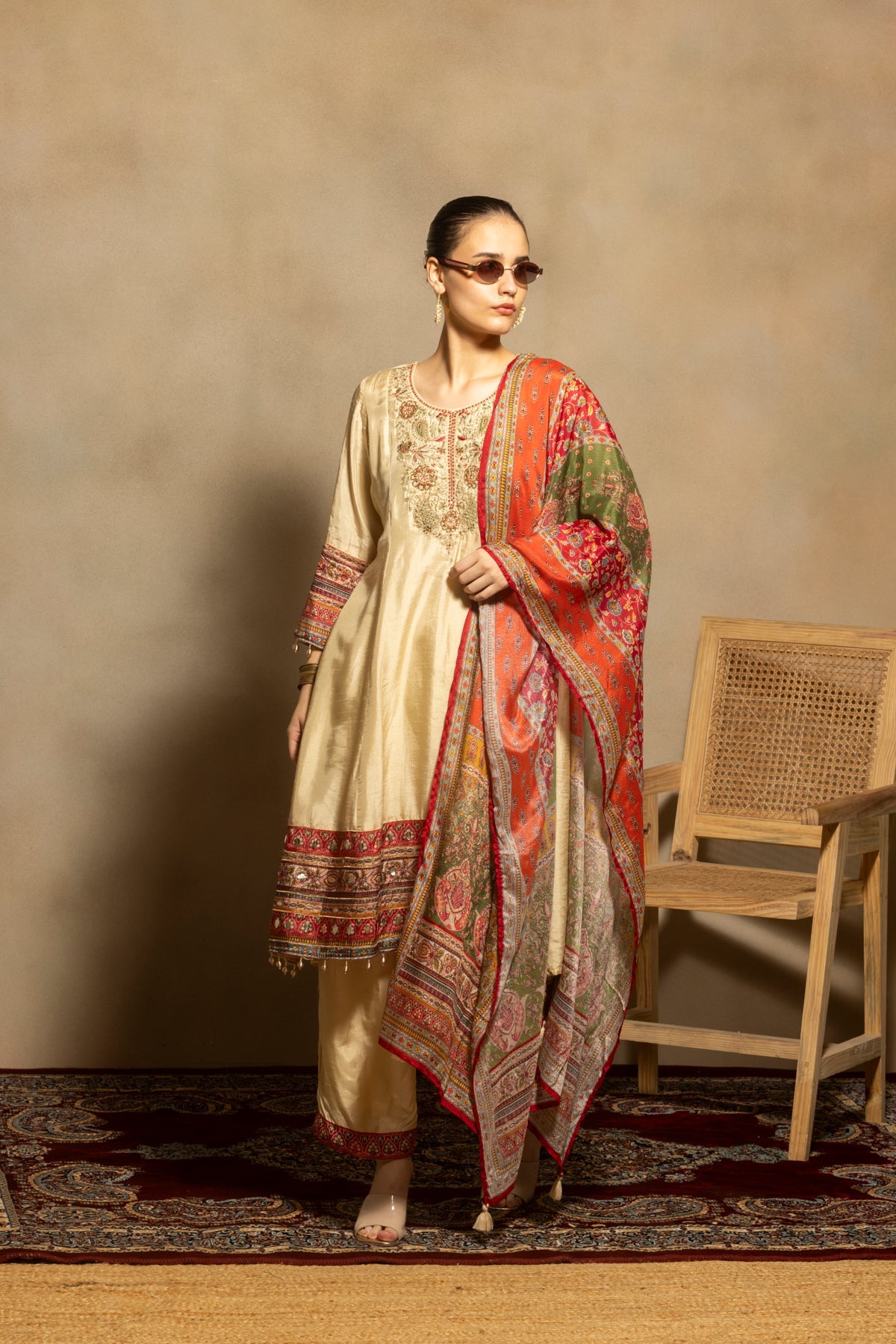 Cream Embroidered A-line Kurta 3 Pcs Set