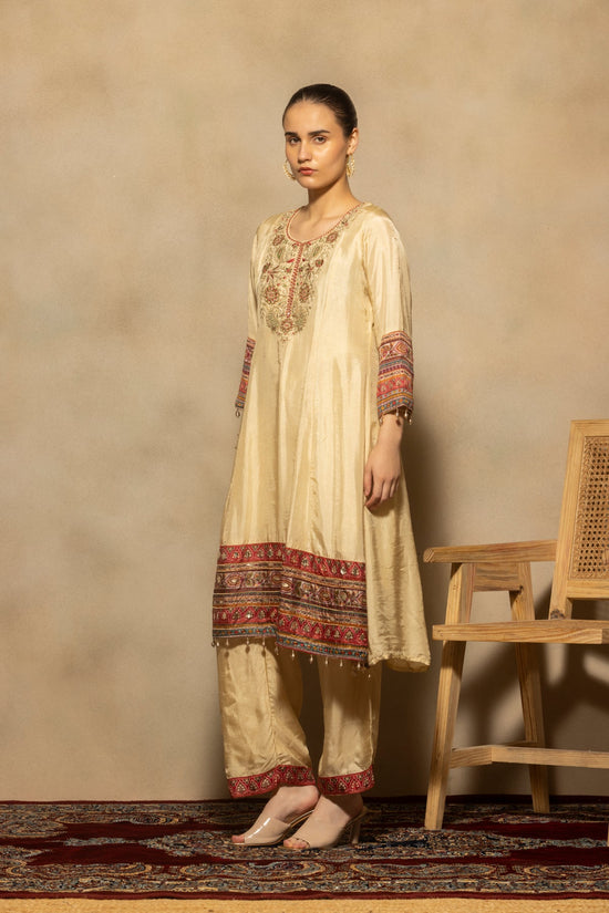 Cream Embroidered A-line Kurta 3 Pcs Set