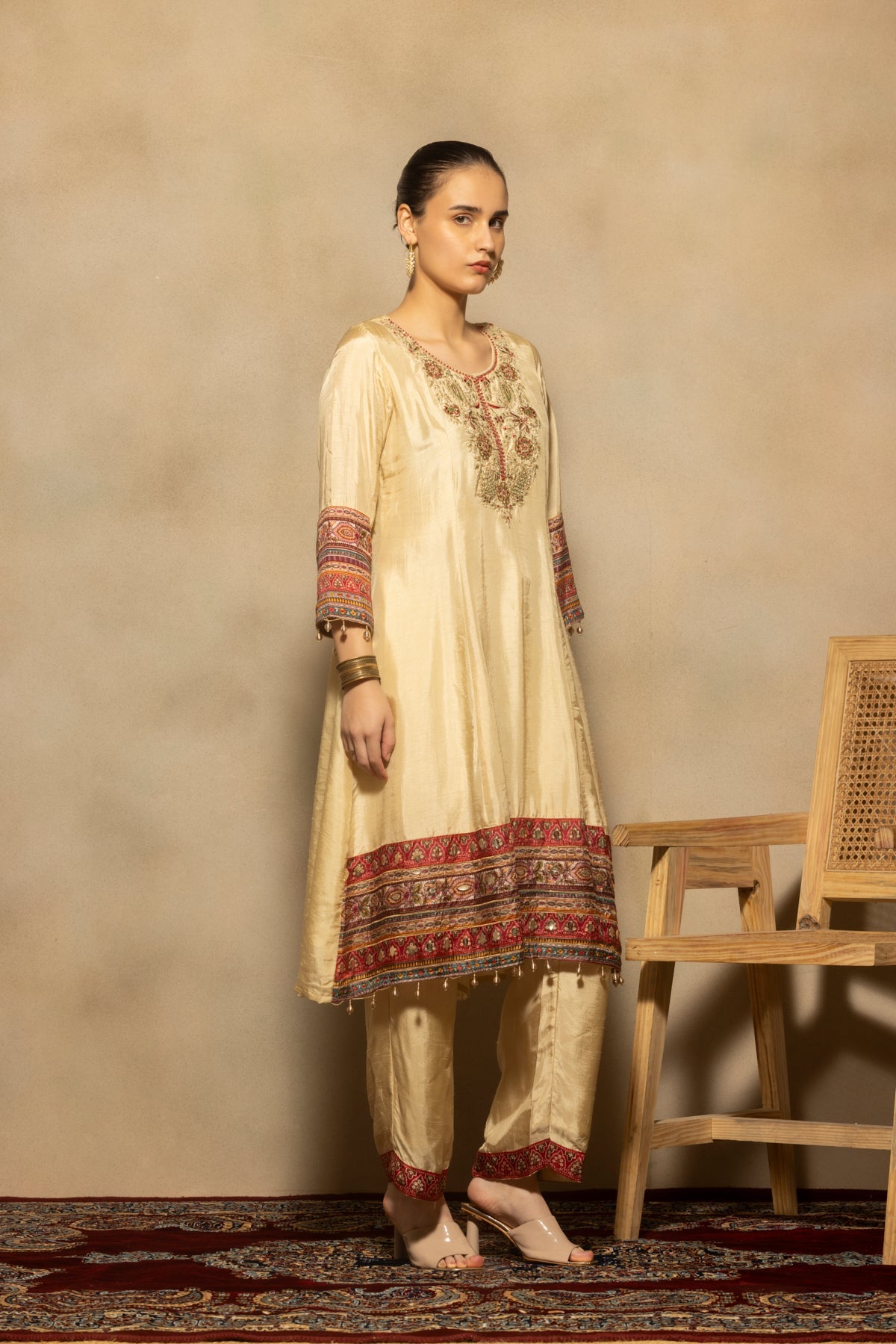 Cream Embroidered A-line Kurta 3 Pcs Set
