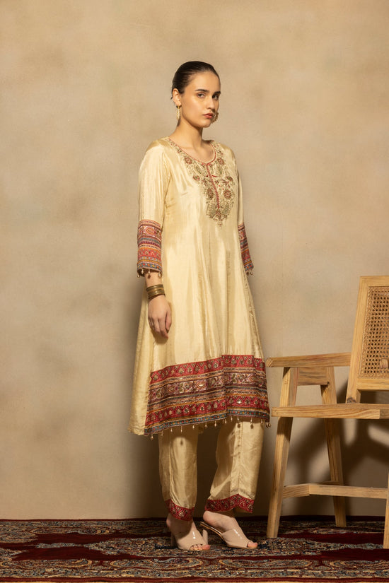 Cream Embroidered A-line Kurta 3 Pcs Set