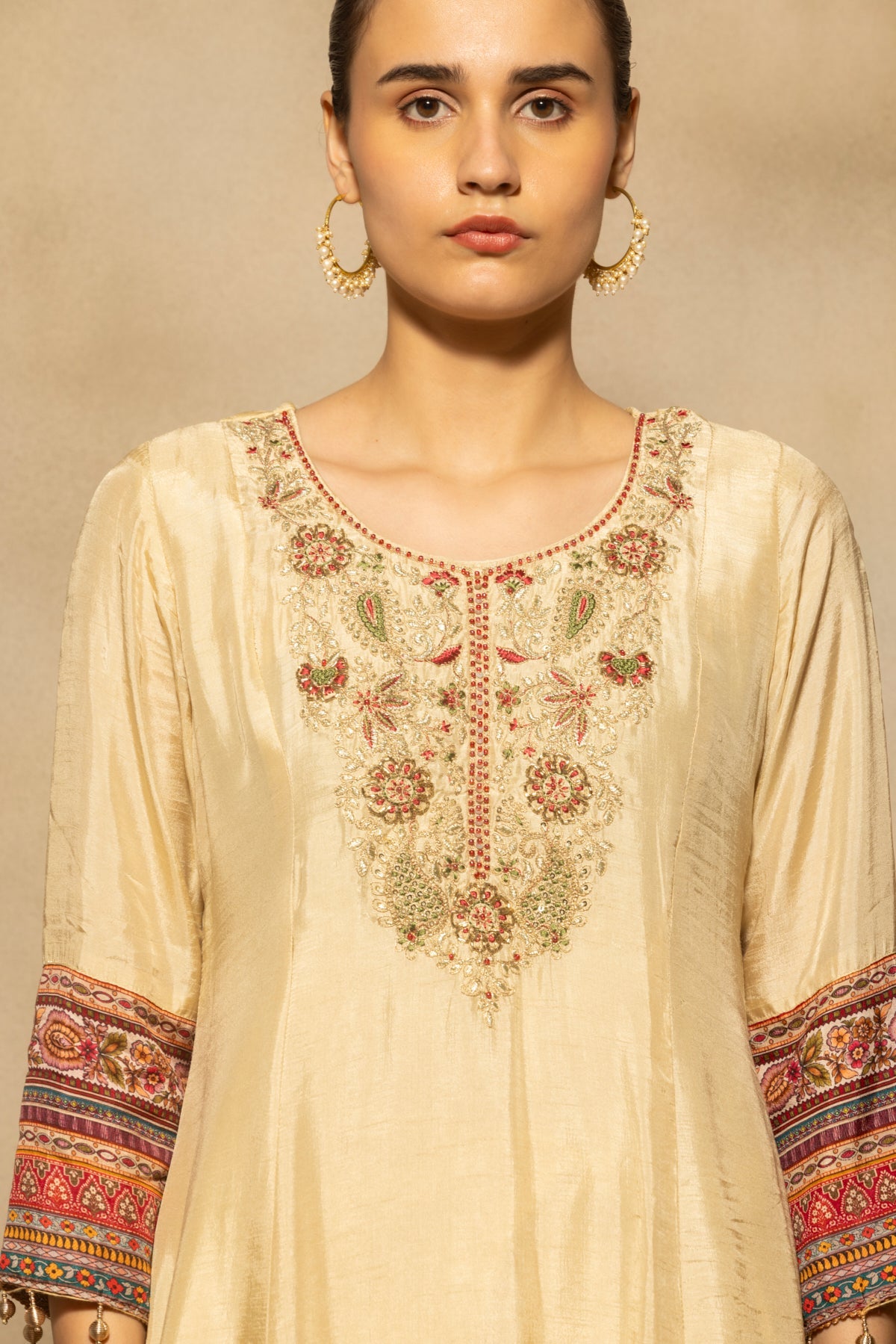 Cream Embroidered A-line Kurta 3 Pcs Set