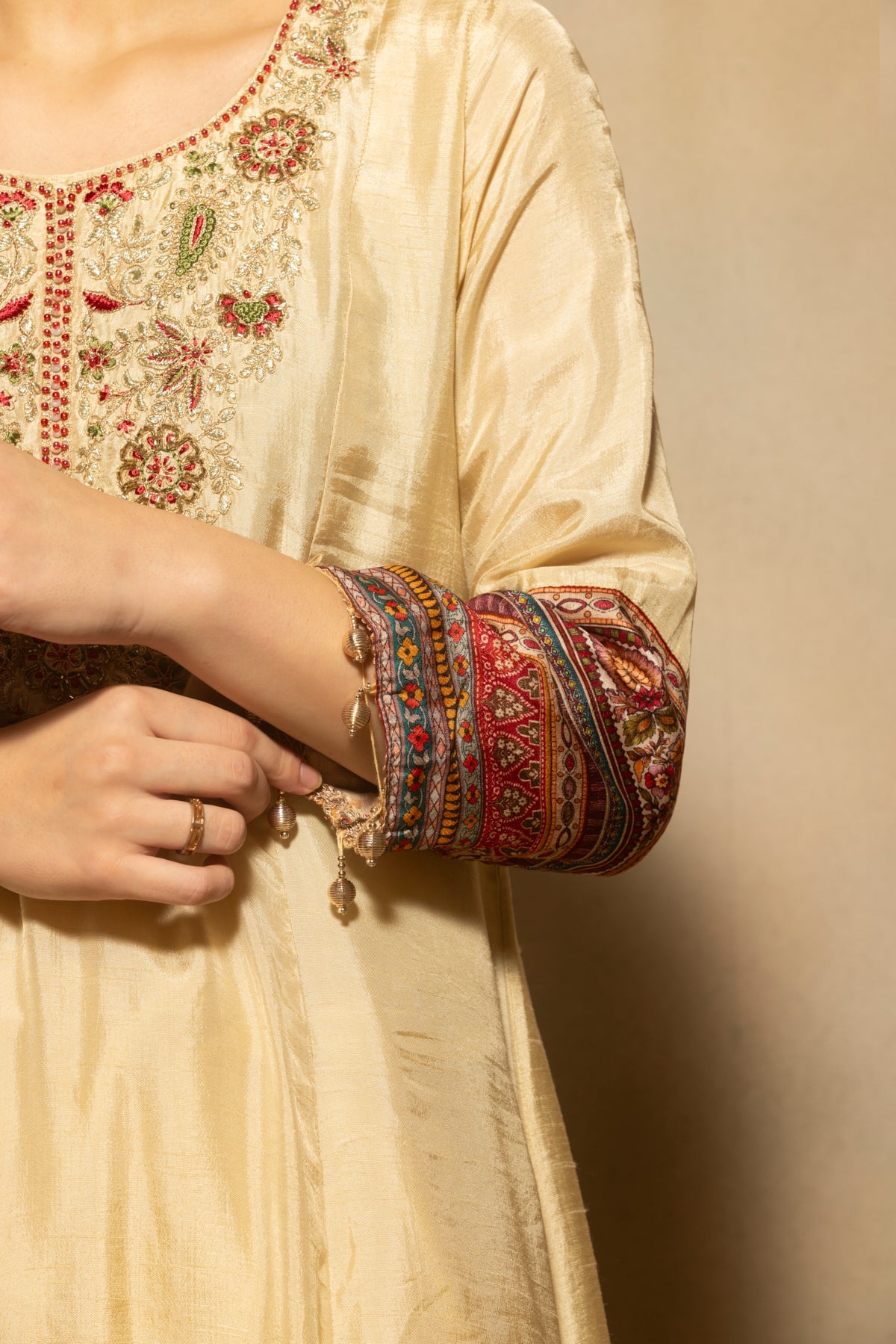 Cream Embroidered A-line Kurta 3 Pcs Set