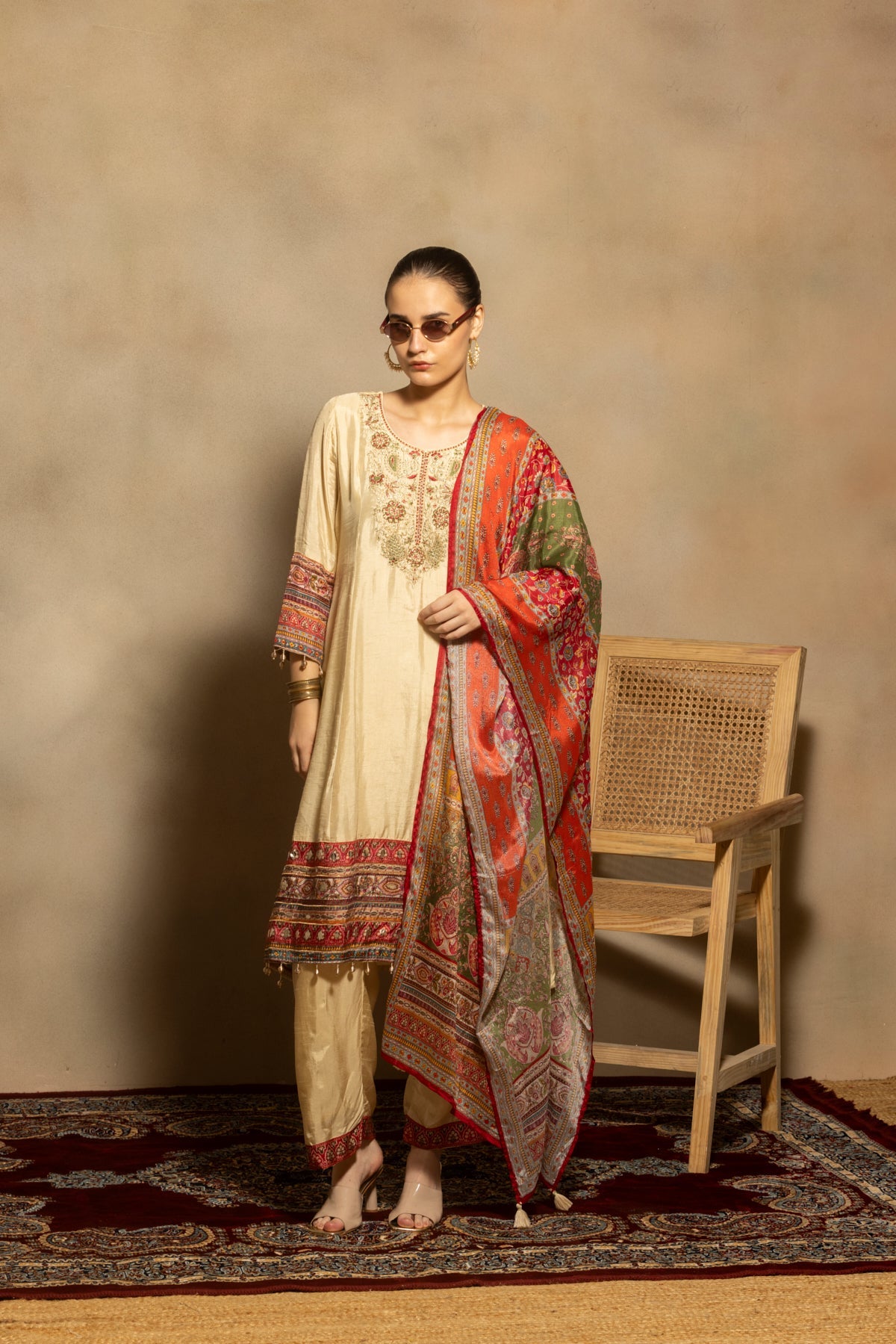 Cream Embroidered A-line Kurta 3 Pcs Set