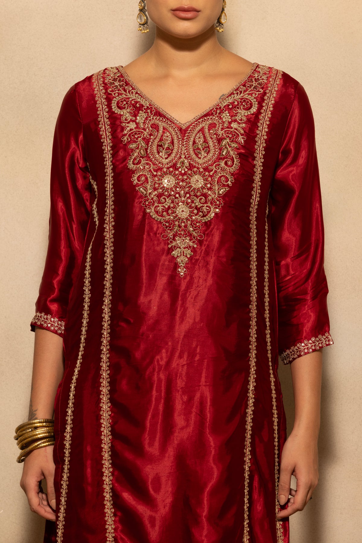 Maroon Embroidered Kurta 3 Pcs Set