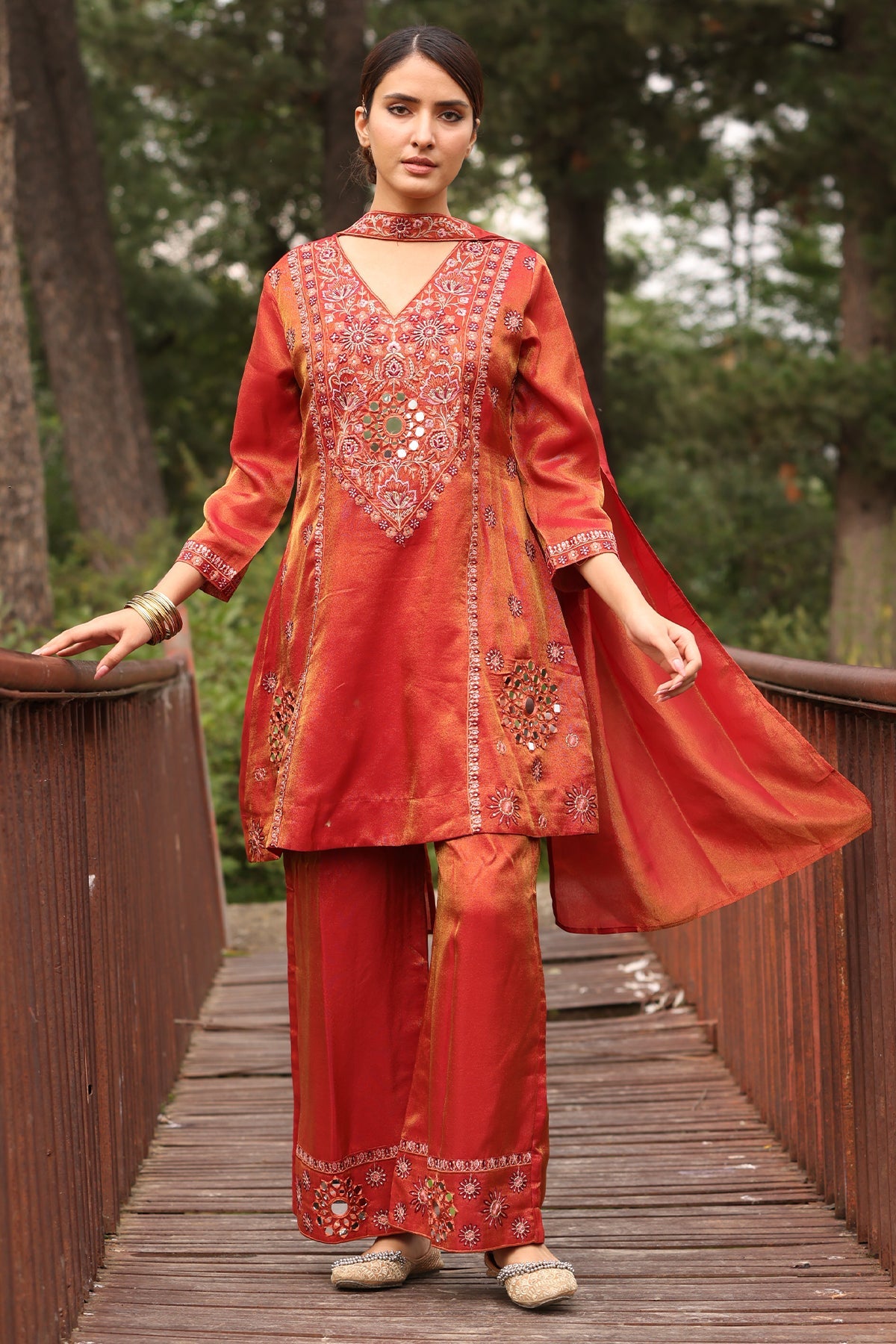 Rust A-line Embellished Kurta 3 Pcs Set