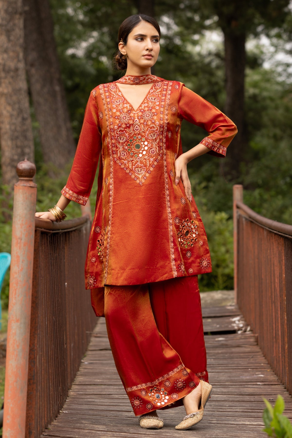 Rust A-line Embellished Kurta 3 Pcs Set
