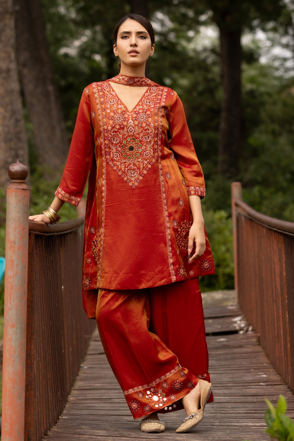 Rust A-line Embellished Kurta 3 Pcs Set