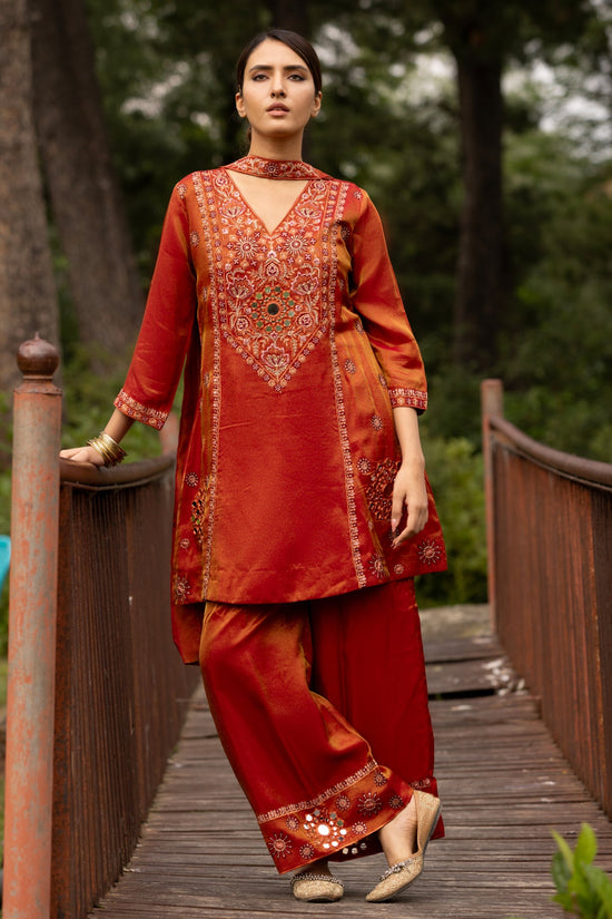 Rust A-line Embellished Kurta 3 Pcs Set