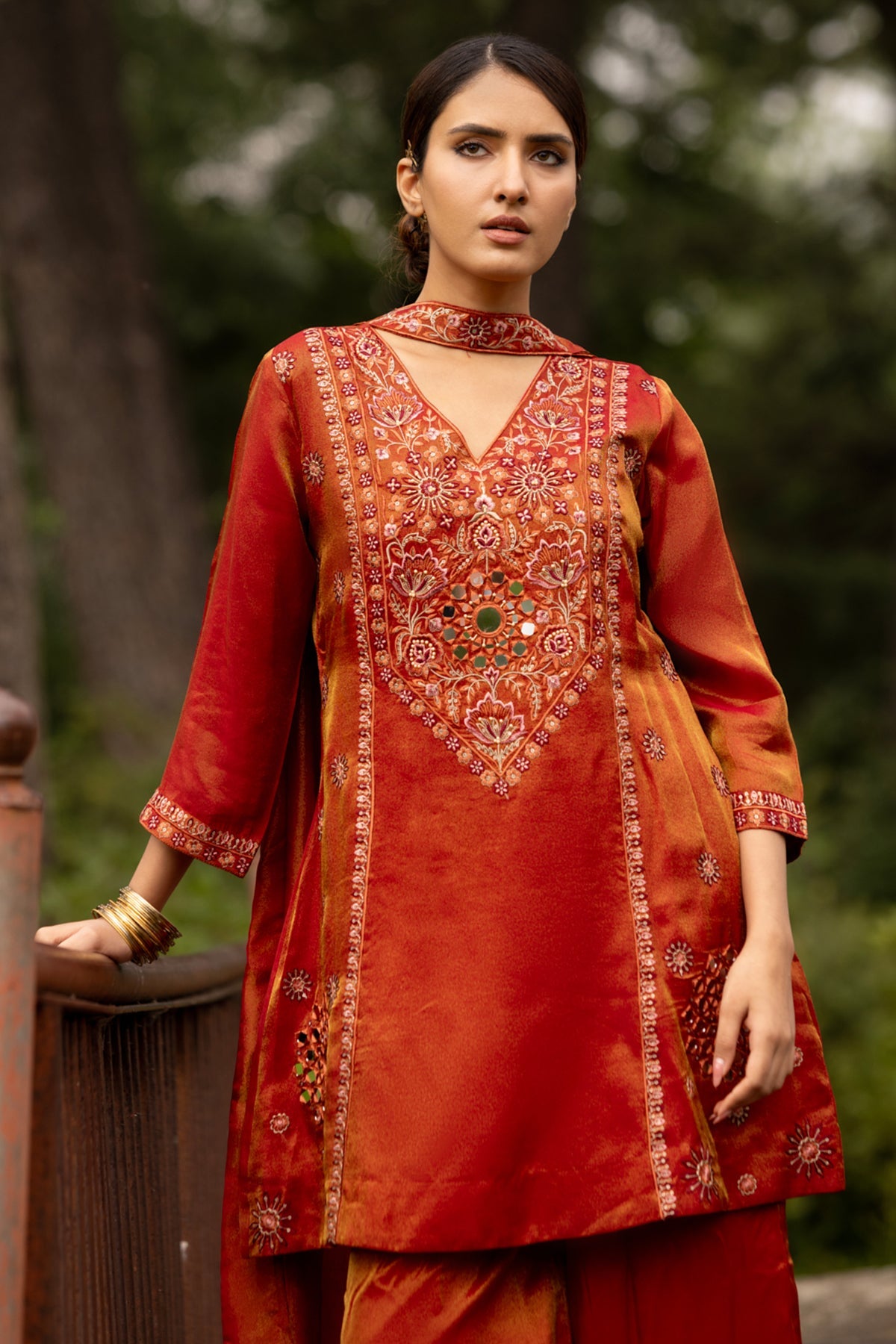 Rust A-line Embellished Kurta 3 Pcs Set