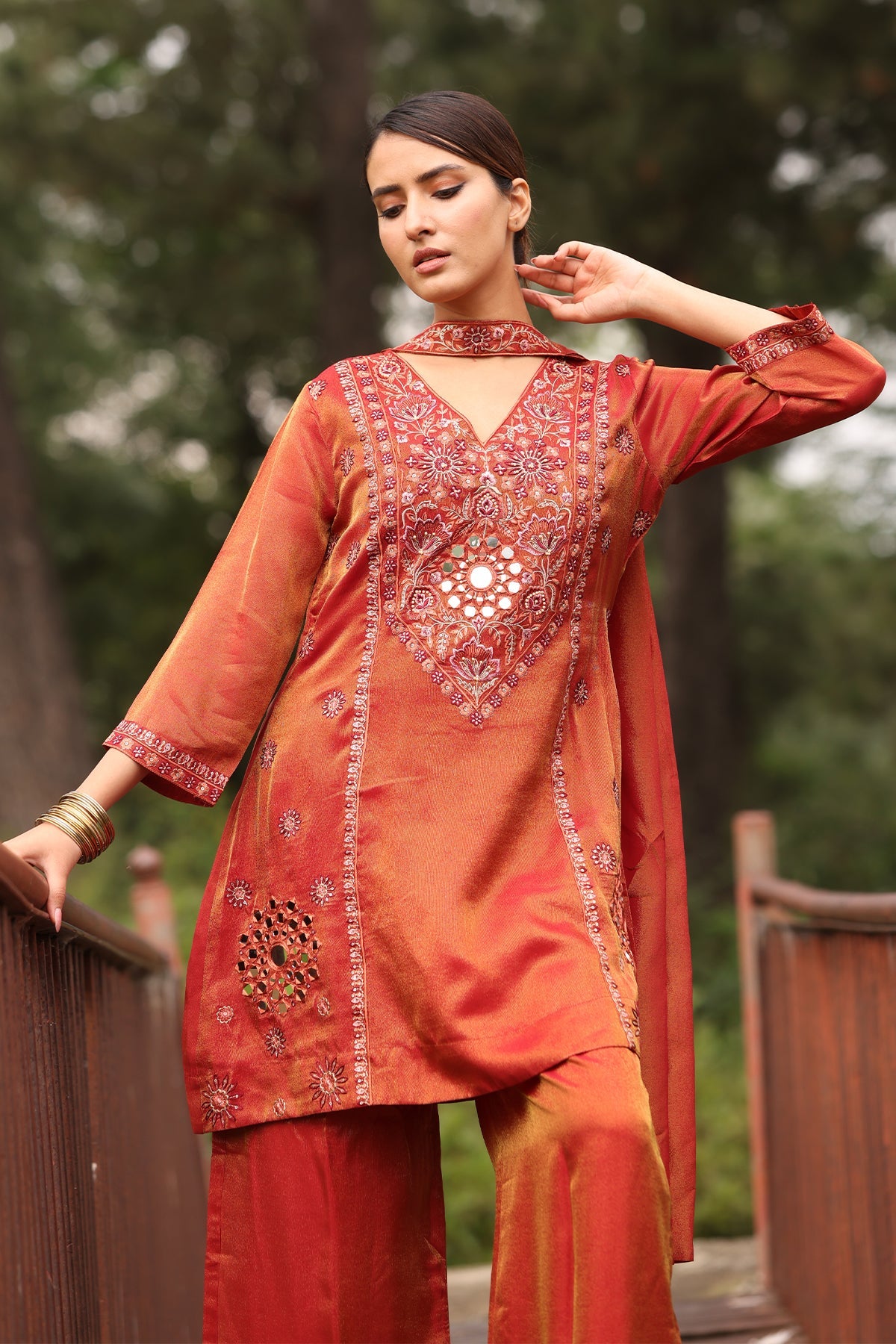 Rust A-line Embellished Kurta 3 Pcs Set