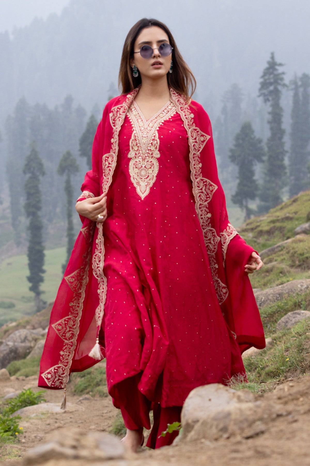 Pink A-line Stone Embellished Kurta 3 Pcs Set