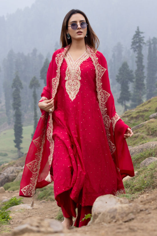 Pink A-line Stone Embellished Kurta 3 Pcs Set