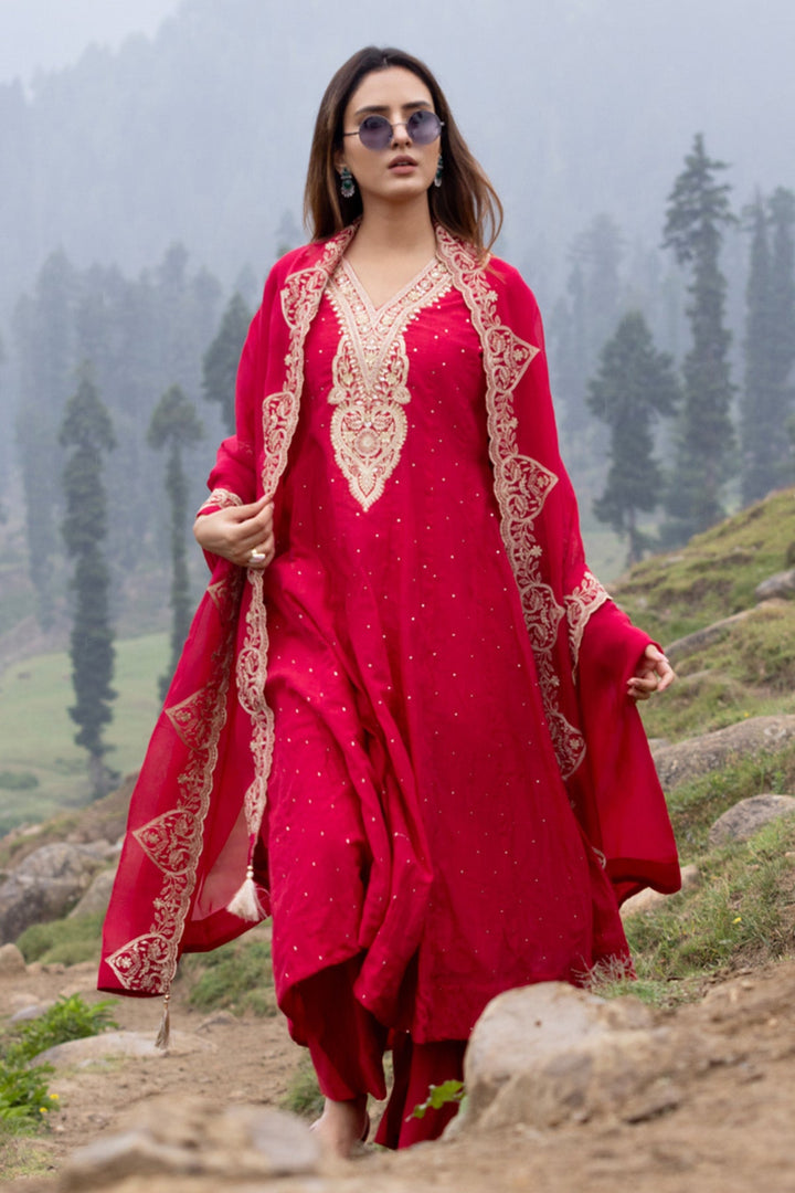 Pink A-line Stone Embellished Kurta 3 Pcs Set