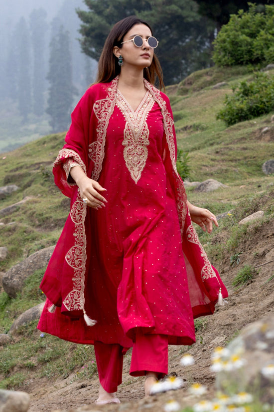 Pink A-line Stone Embellished Kurta 3 Pcs Set