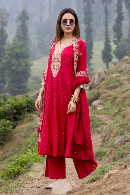 Pink A-line Stone Embellished Kurta 3 Pcs Set