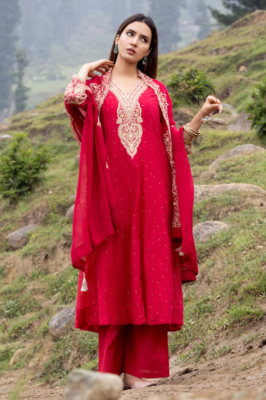 Pink A-line Stone Embellished Kurta 3 Pcs Set