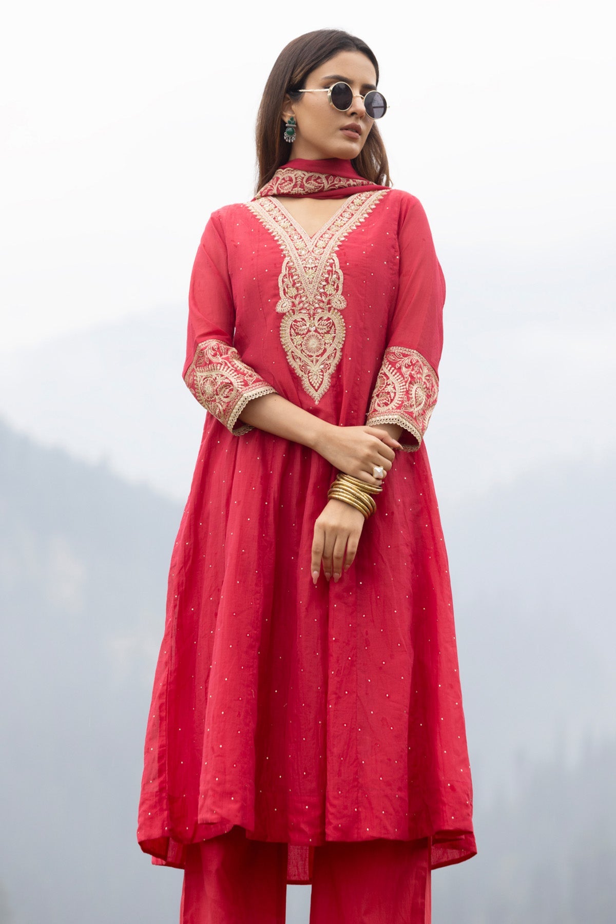 Pink A-line Stone Embellished Kurta 3 Pcs Set