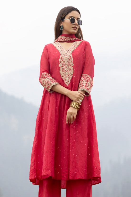 Pink A-line Stone Embellished Kurta 3 Pcs Set