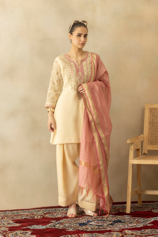 Cream Zari Embroidered Kurta 3 Pcs Set