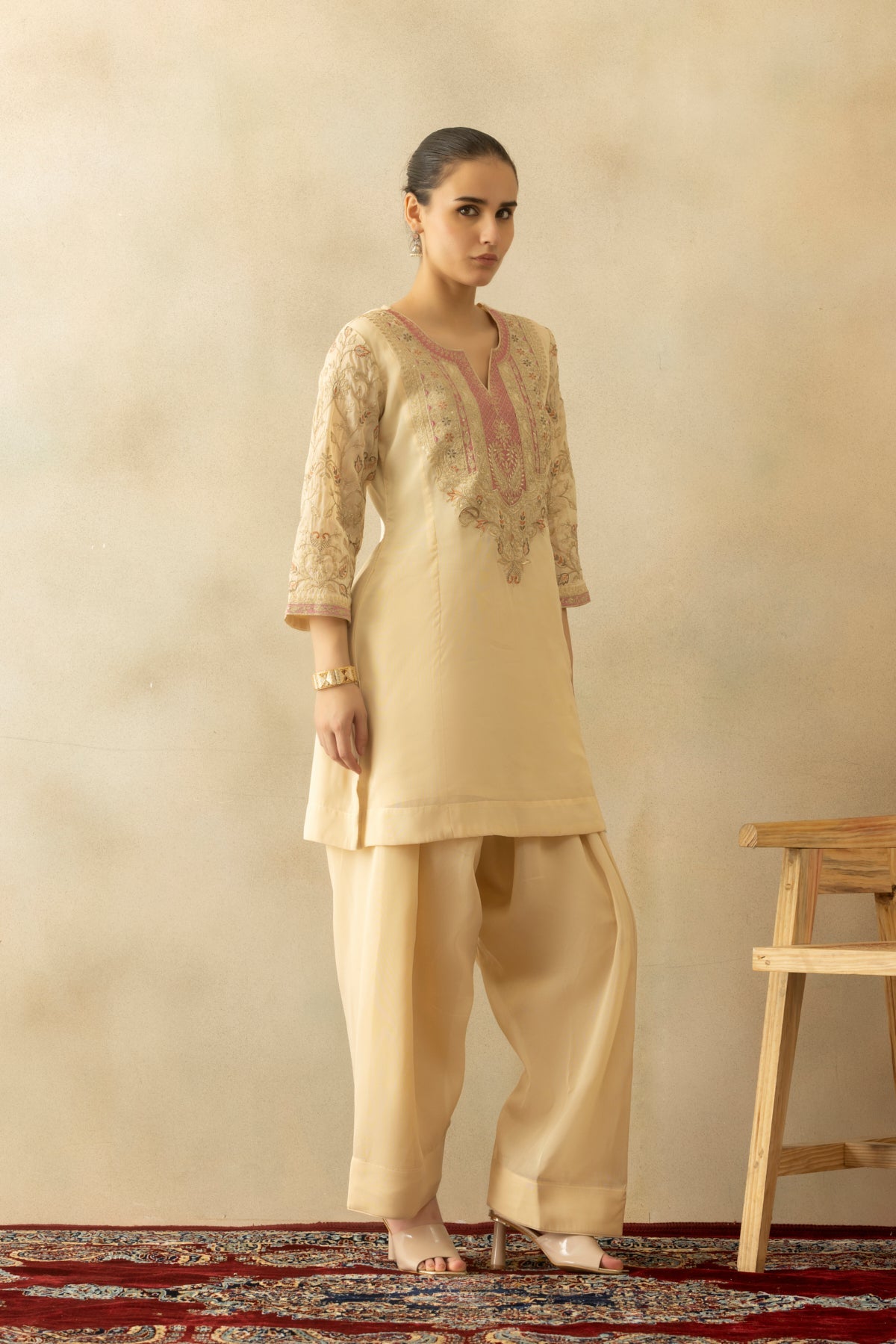 Cream Zari Embroidered Kurta 3 Pcs Set