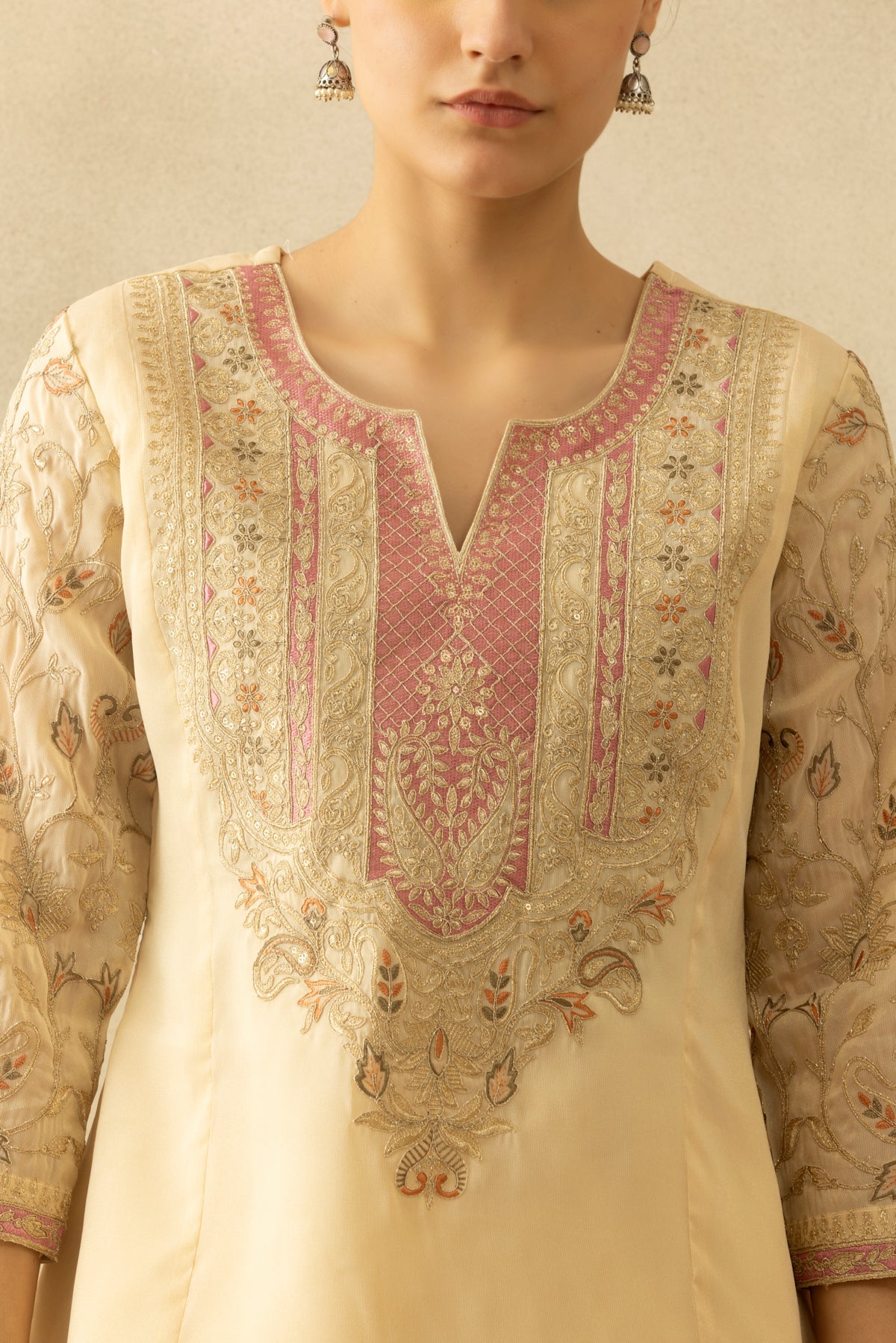 Cream Zari Embroidered Kurta 3 Pcs Set