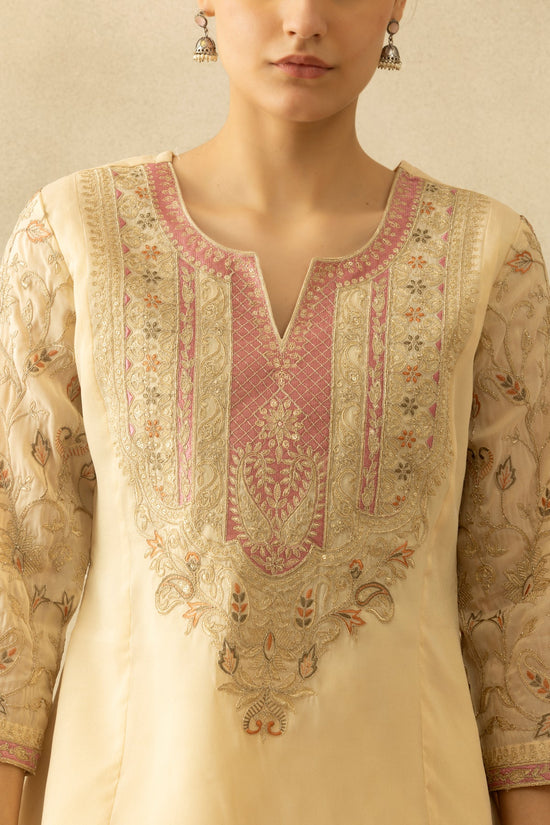 Cream Zari Embroidered Kurta 3 Pcs Set