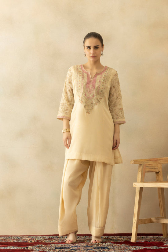 Cream Zari Embroidered Kurta 3 Pcs Set
