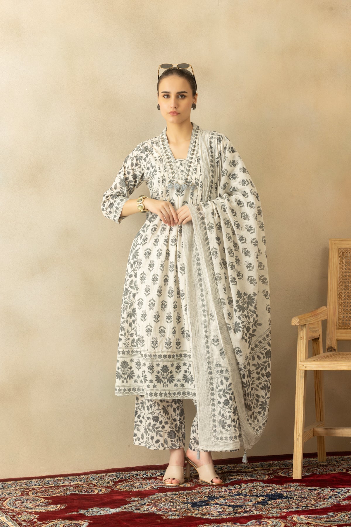 White Pintex Printed A-line Kurta 3 Pcs Set