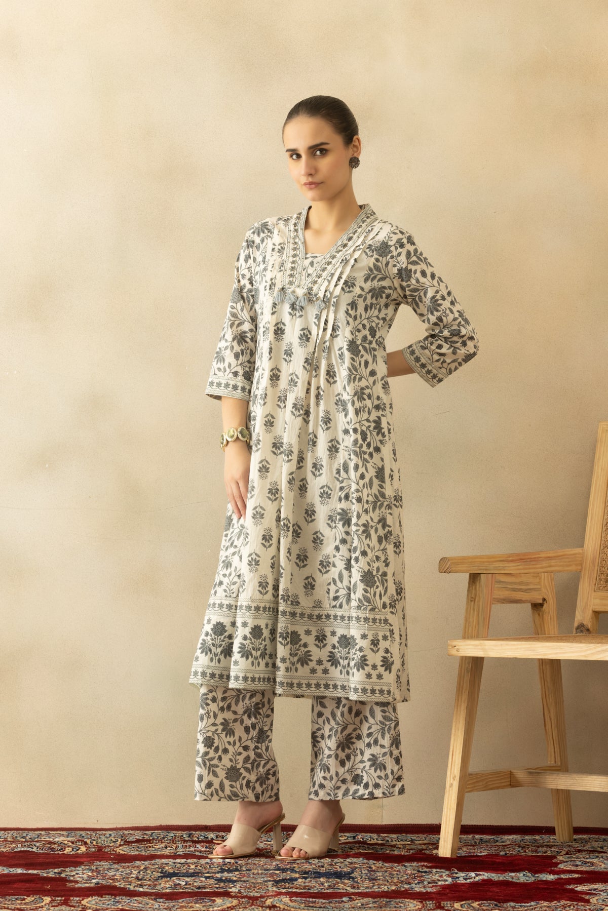 White Pintex Printed A-line Kurta 3 Pcs Set