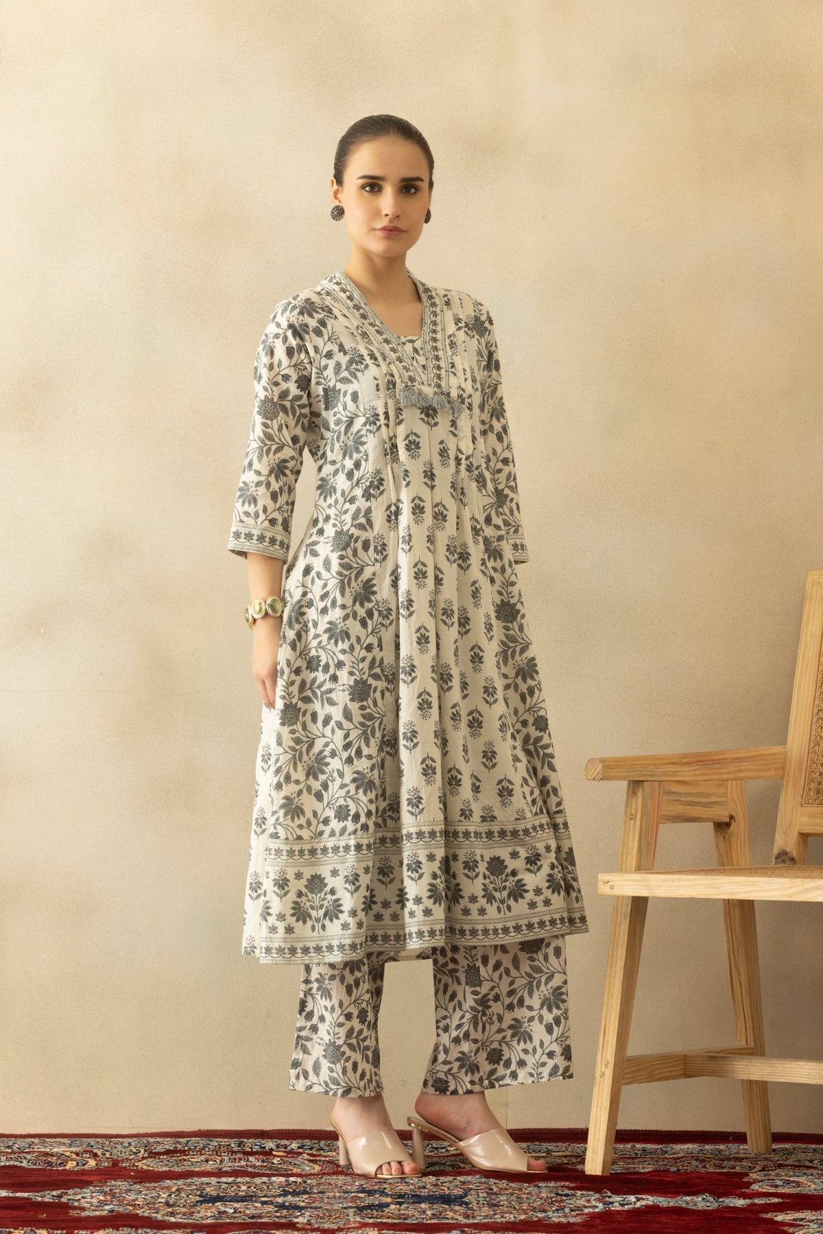 White Pintex Printed A-line Kurta 3 Pcs Set