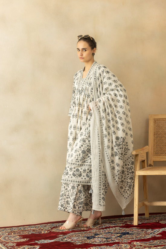 White Pintex Printed A-line Kurta 3 Pcs Set