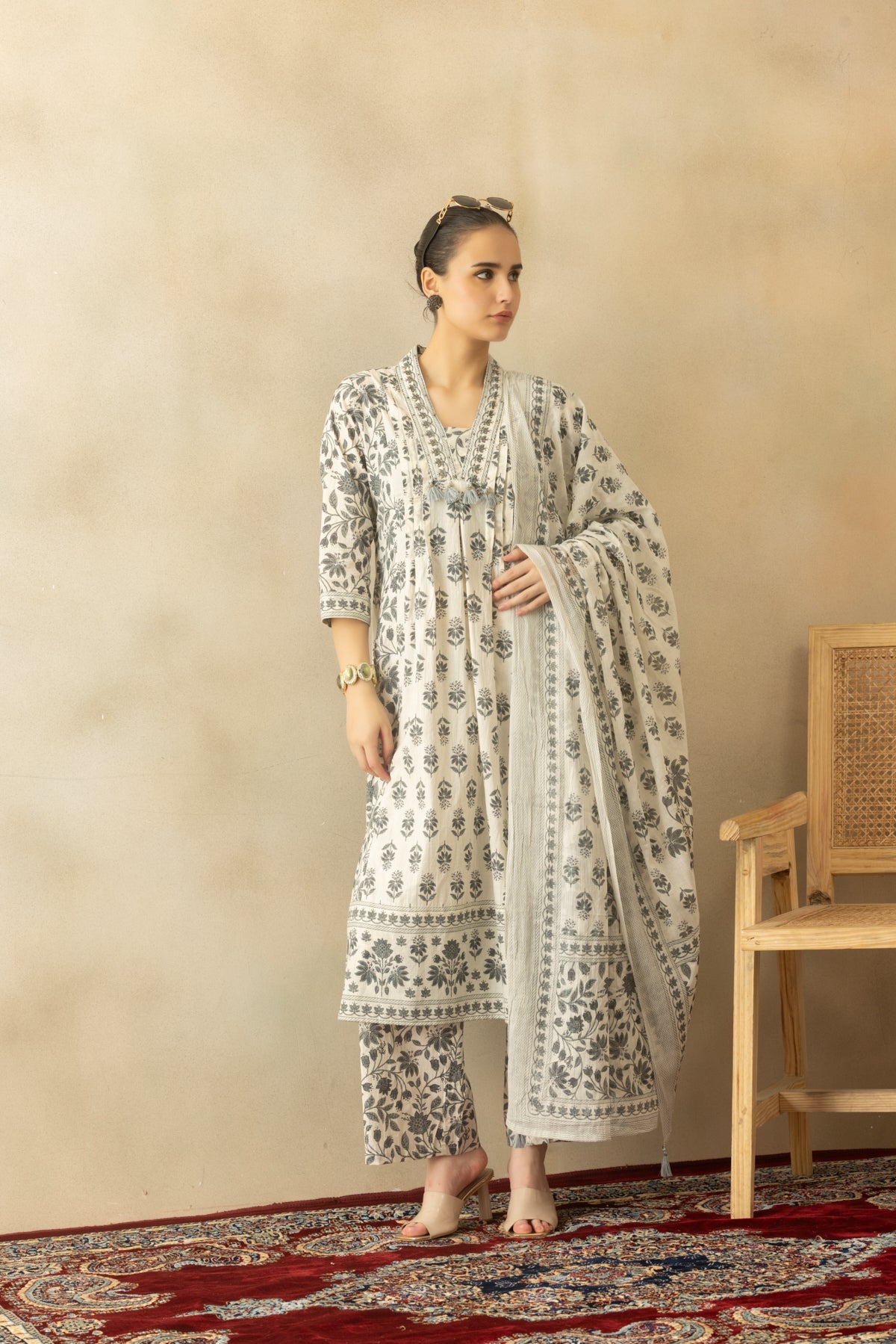 White Pintex Printed A-line Kurta 3 Pcs Set