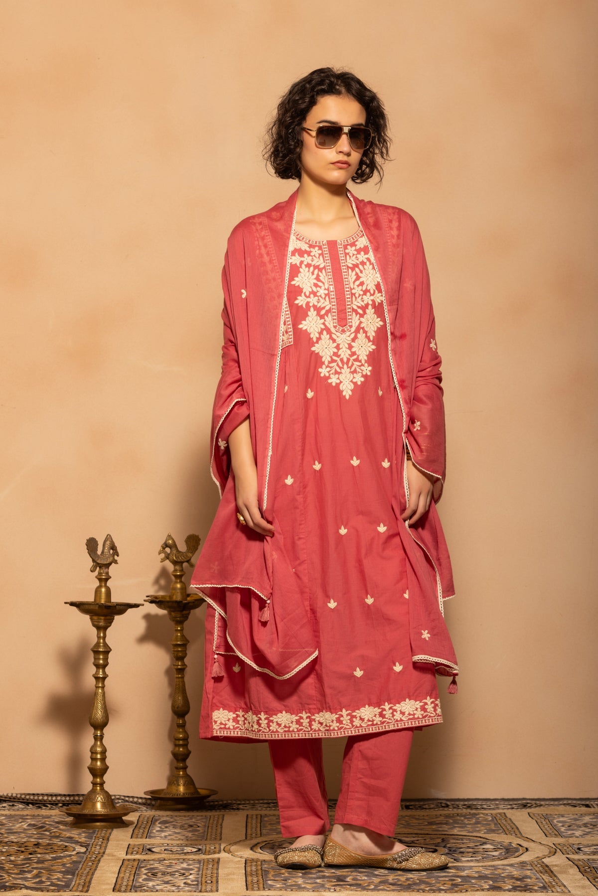 Pink Embroidered Flared Kurta 3 Pcs Set