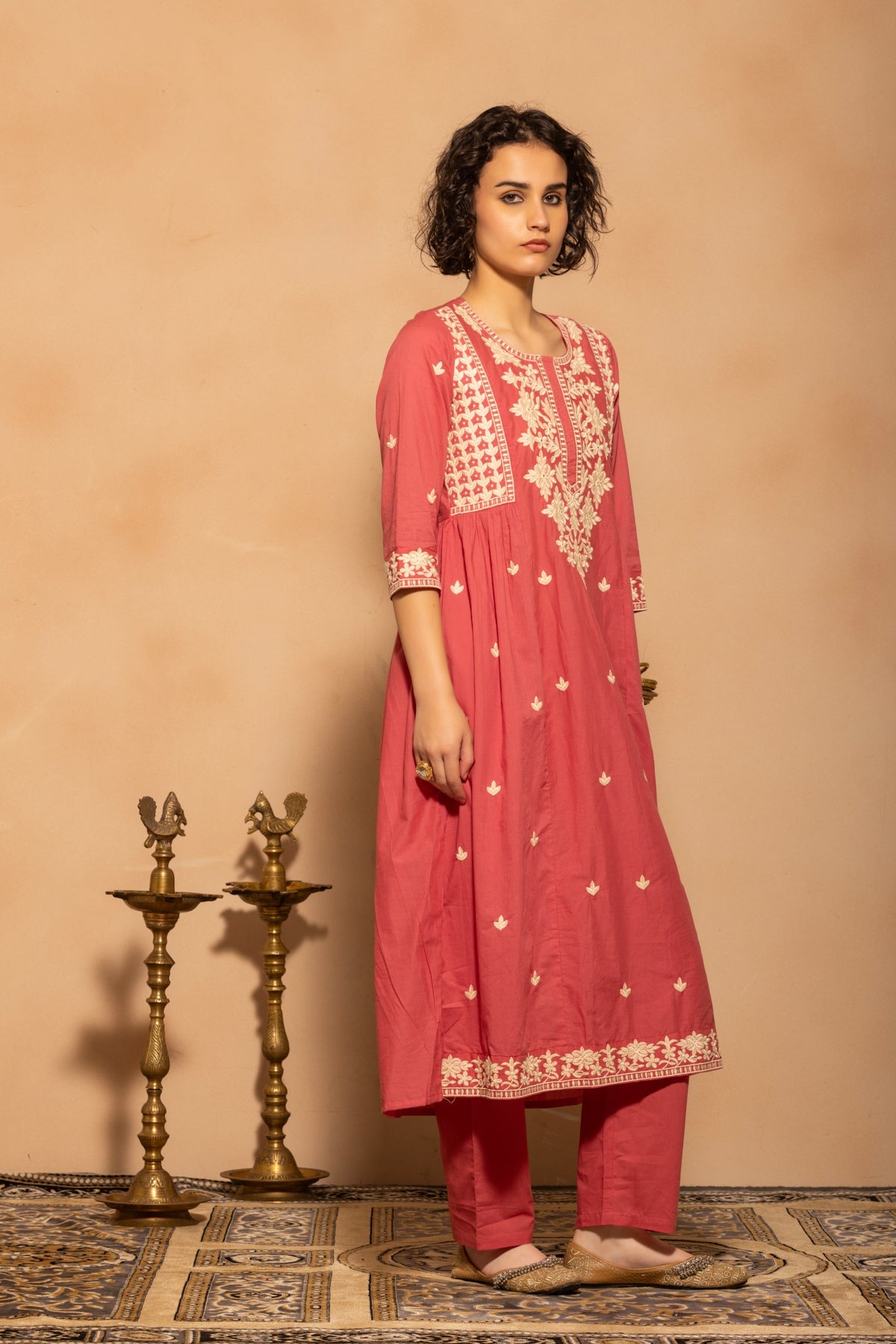Pink Embroidered Flared Kurta 3 Pcs Set