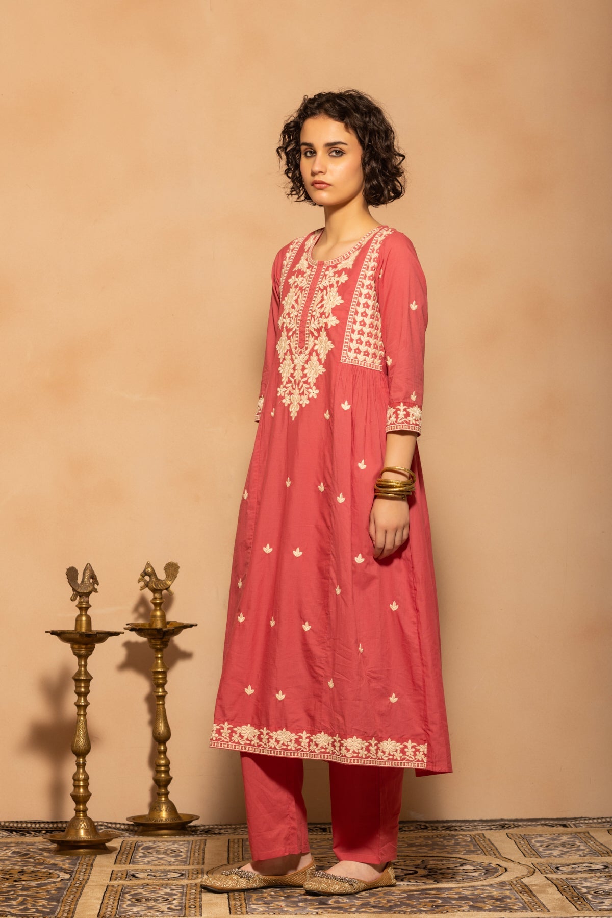 Pink Embroidered Flared Kurta 3 Pcs Set