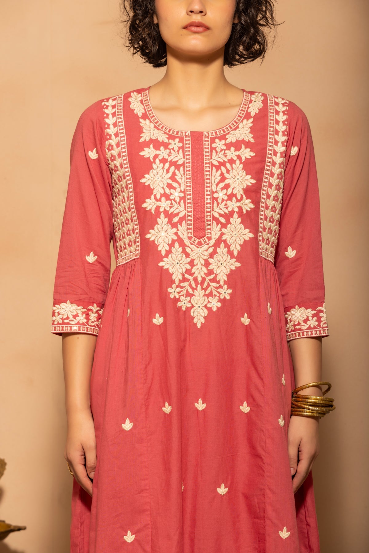 Pink Embroidered Flared Kurta 3 Pcs Set