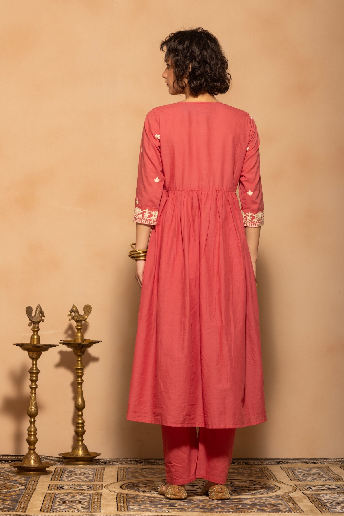 Pink Embroidered Flared Kurta 3 Pcs Set