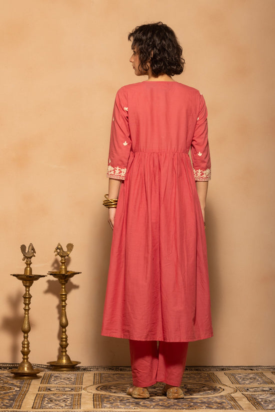 Pink Embroidered Flared Kurta 3 Pcs Set