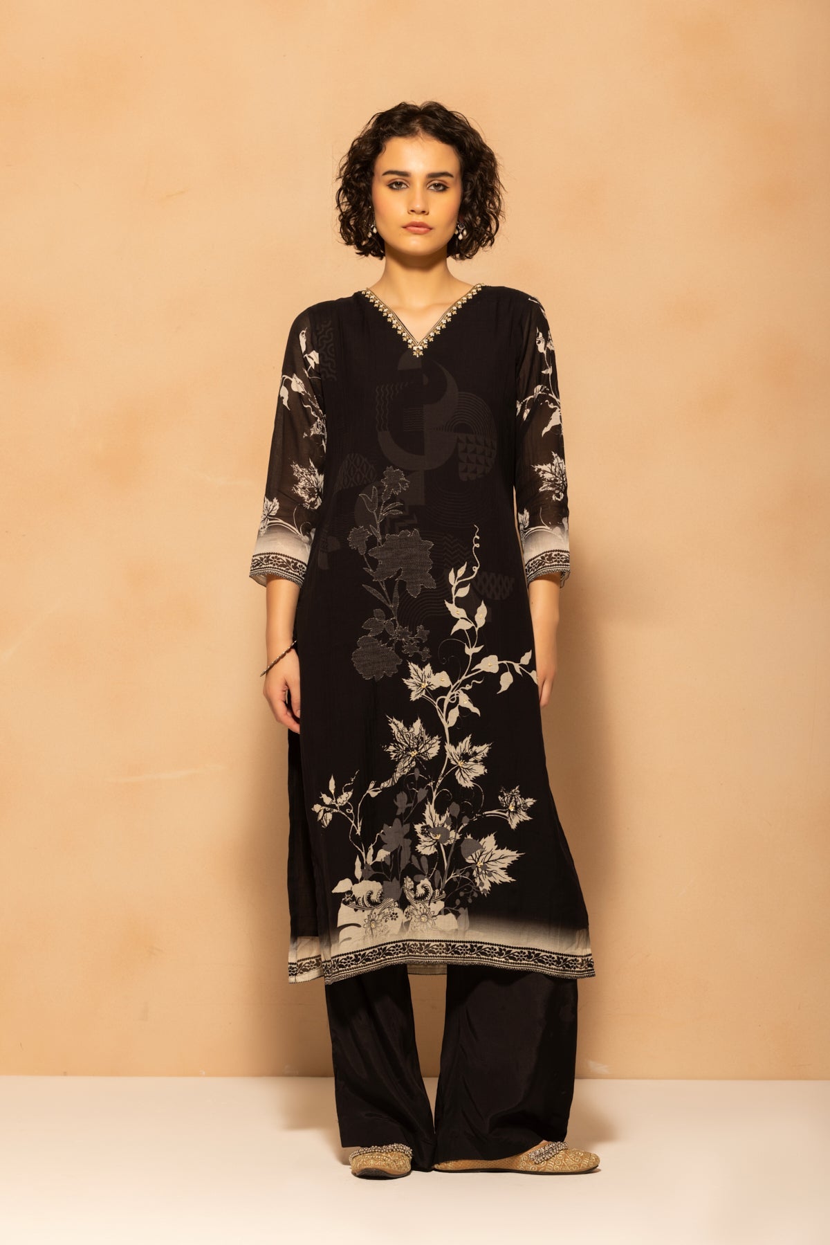 Black Printed Kurta 3 Pcs Set