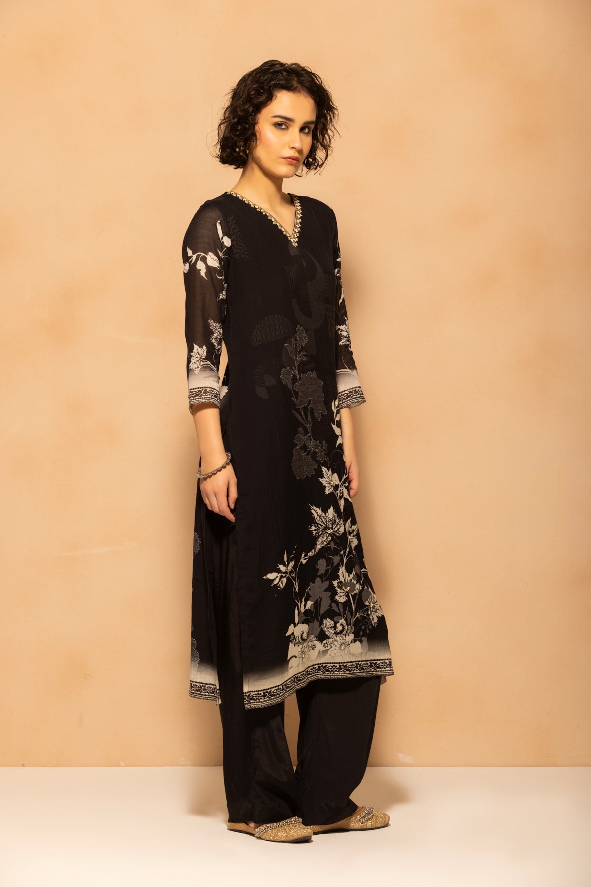 Black Printed Kurta 3 Pcs Set