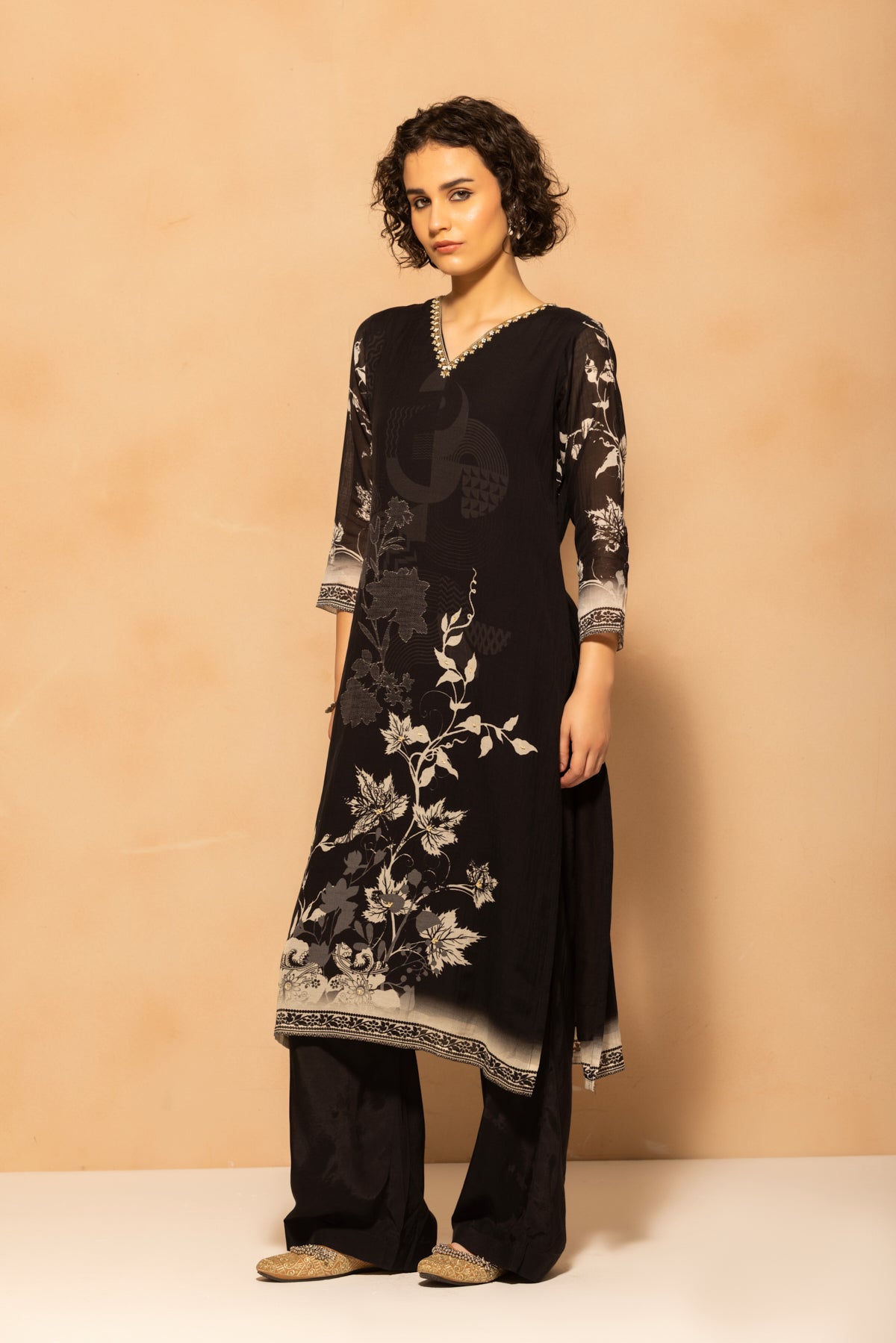 Black Printed Kurta 3 Pcs Set