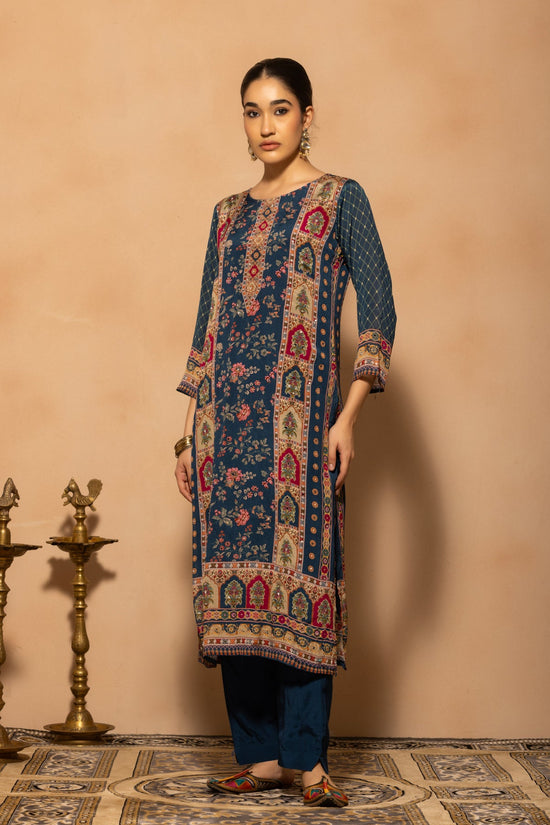 Blue Mirror Embellished Printed Kurta 3 Pcs Set