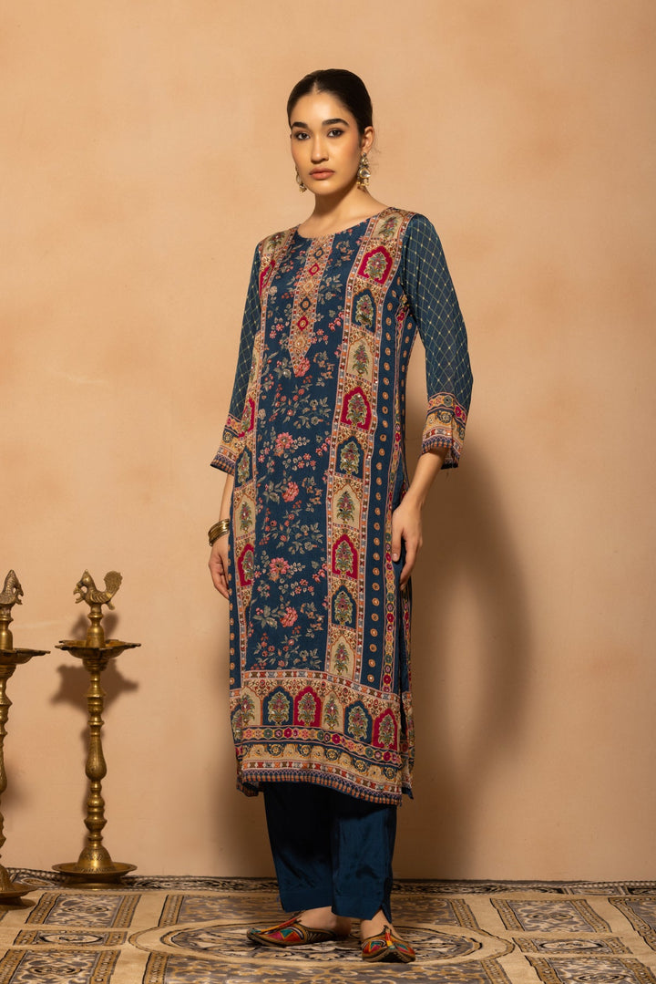 Blue Mirror Embellished Printed Kurta 3 Pcs Set