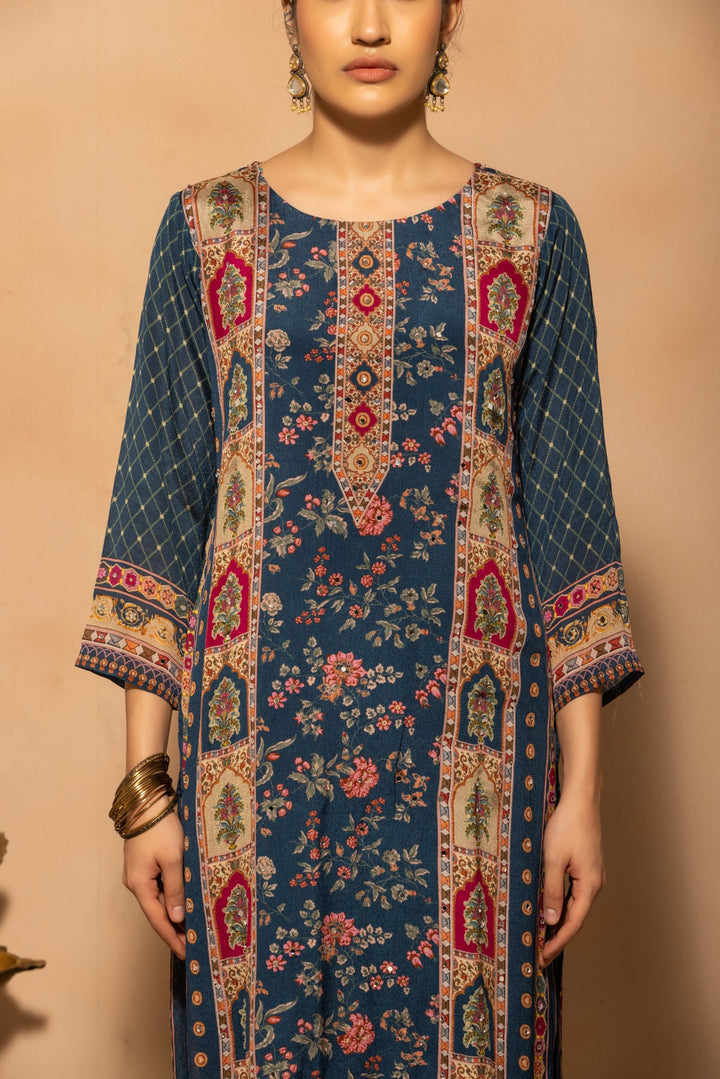 Blue Mirror Embellished Printed Kurta 3 Pcs Set