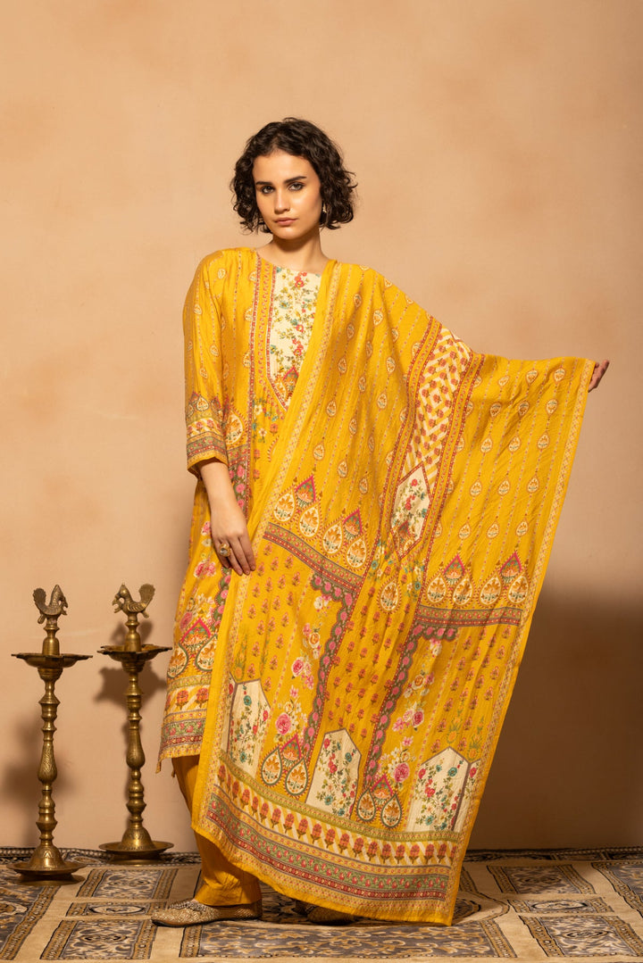 Mustard Embellished Printed Kurta 3 Pcs Set