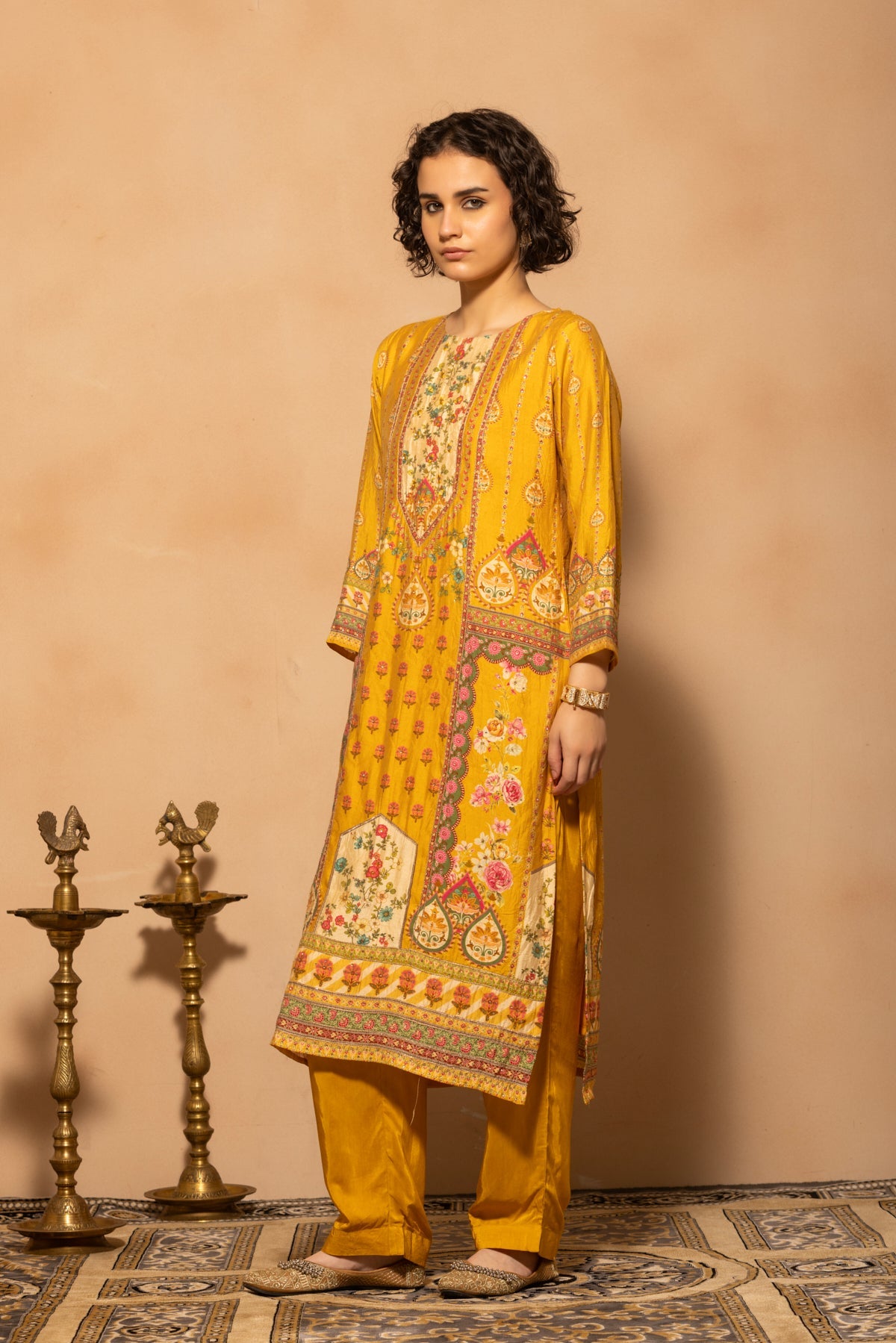 Mustard Embellished Printed Kurta 3 Pcs Set