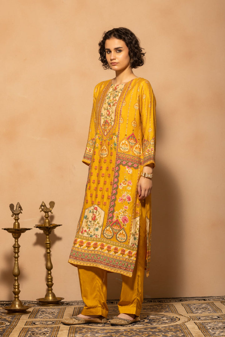 Mustard Embellished Printed Kurta 3 Pcs Set