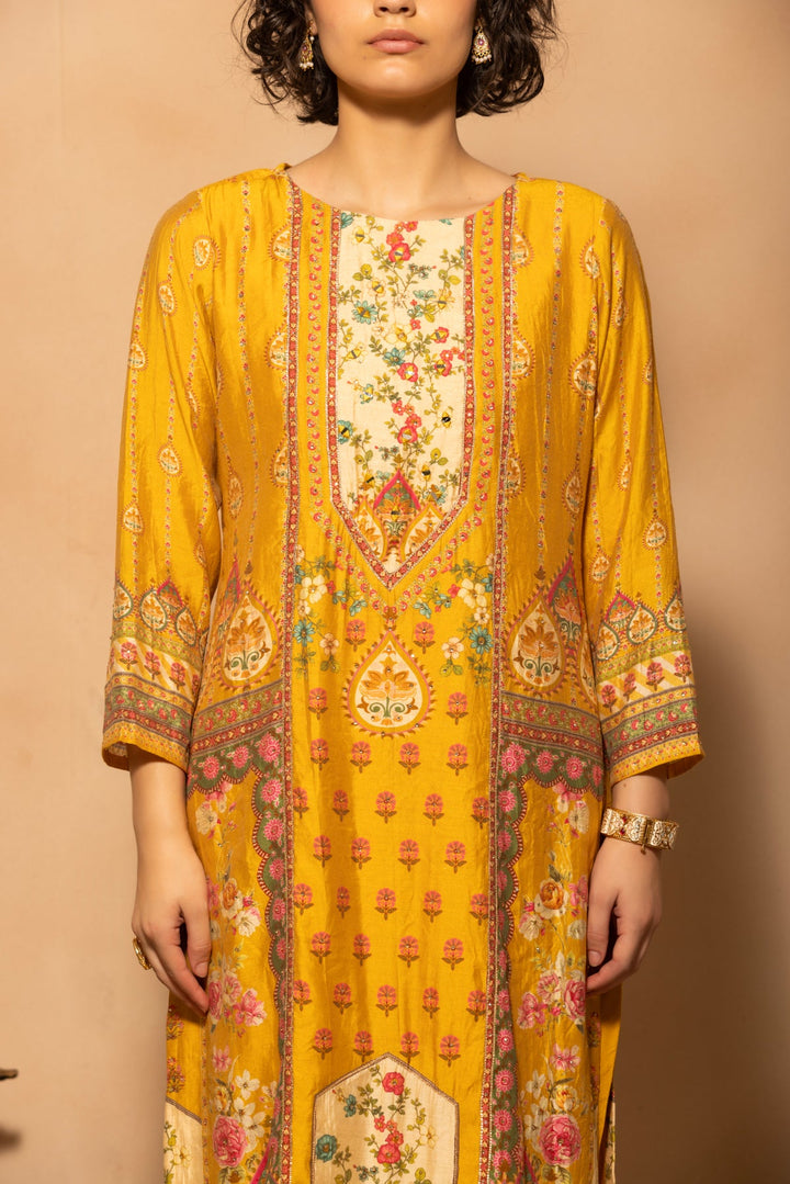 Mustard Embellished Printed Kurta 3 Pcs Set
